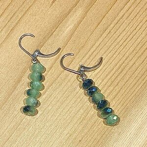 Earrings - Crystal Glass Beads - Green w/ Metallic Blue on One Side - Leverback